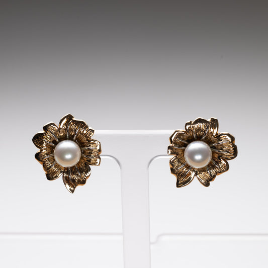 18K Gold Flower Pearl Earrings - Estate Jewelry