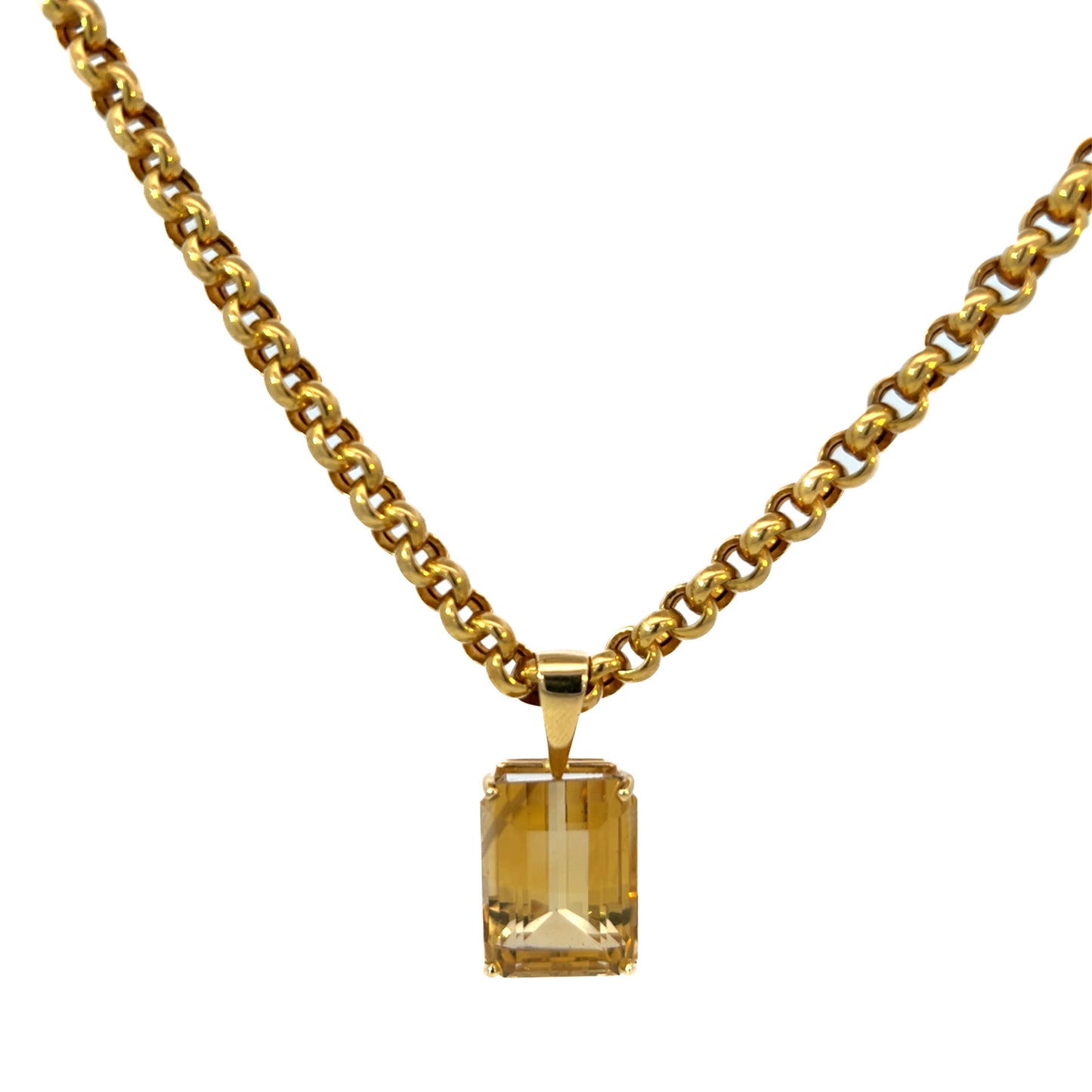18K Yellow Gold Necklace Rolo Chain, Citrine Pendant- Estate Jewelry