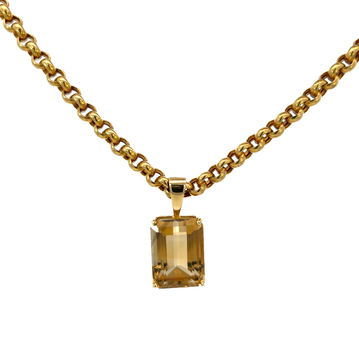 18K Yellow Gold Necklace Rolo Chain, Citrine Pendant- Estate Jewelry