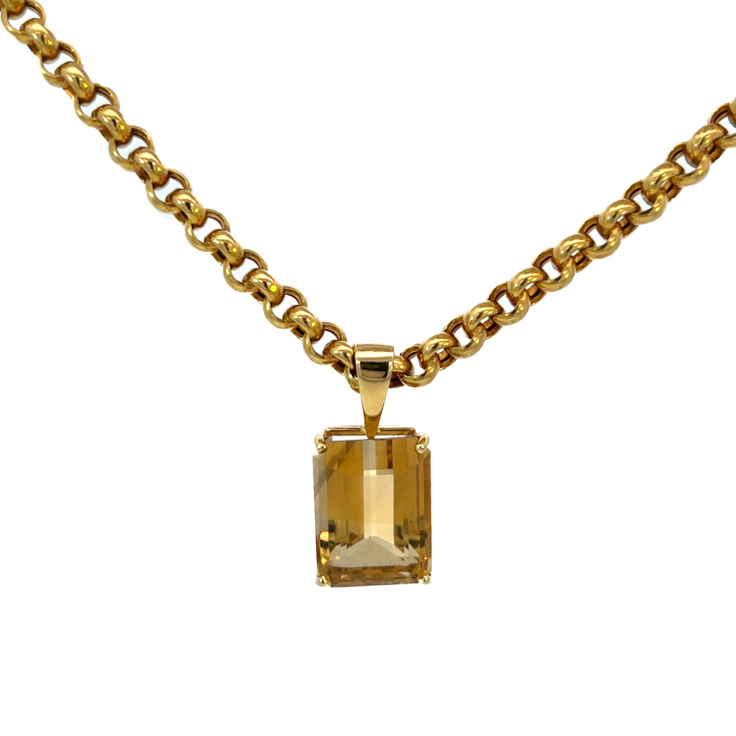 18K Yellow Gold Necklace Rolo Chain, Citrine Pendant- Estate Jewelry